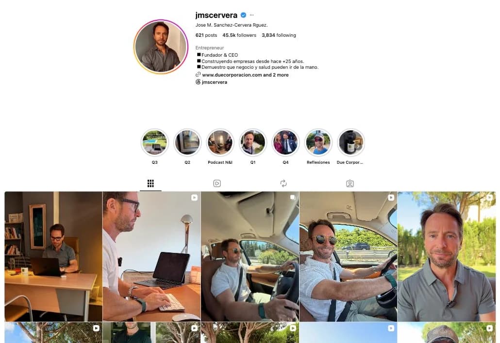 Perfil de Instagram de José Manuel Sánchez-Cervera: 621 publicaciones, 45,5 mil seguidores y su cuadrícula de vídeos.