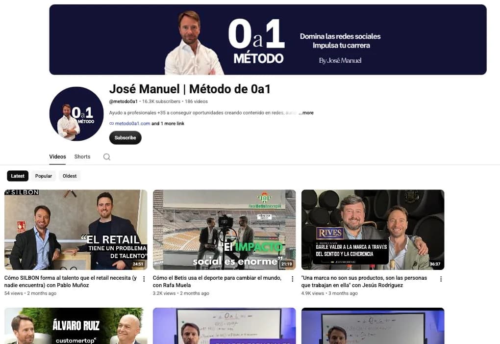 Canal de YouTube Método de 0a1: 16,3 mil suscriptores, 186 vídeos y las últimas entrevistas publicadas.
